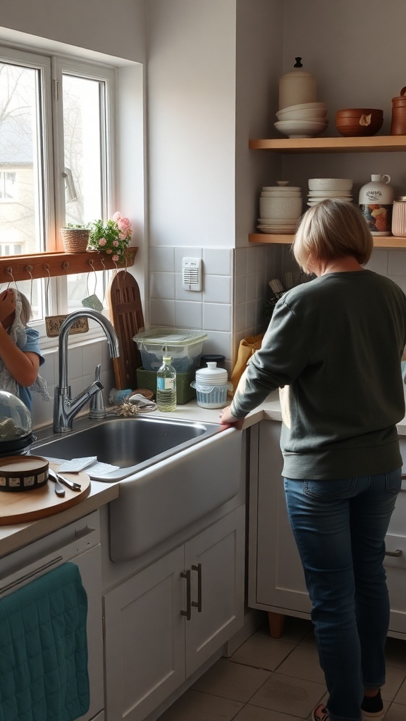 A person organizing a kitchen sink area with various items on the counter.