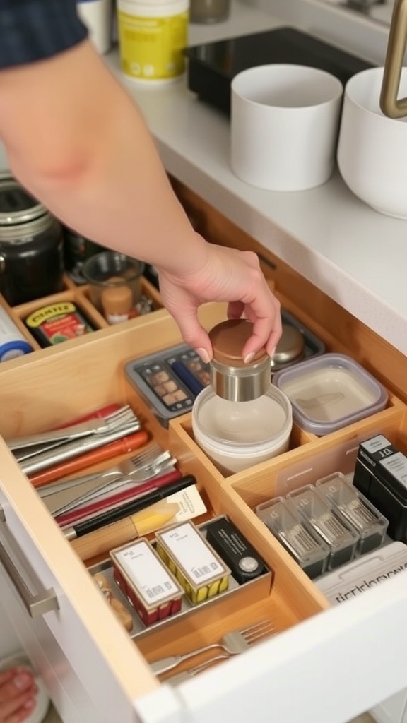 A well-organized kitchen drawer with utensils and containers.