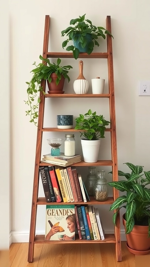 A wooden ladder shelf displaying plants and books in a kitchen setting.