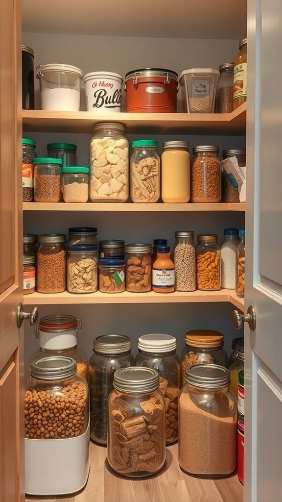 Organized pantry with various jars and containers holding food items.