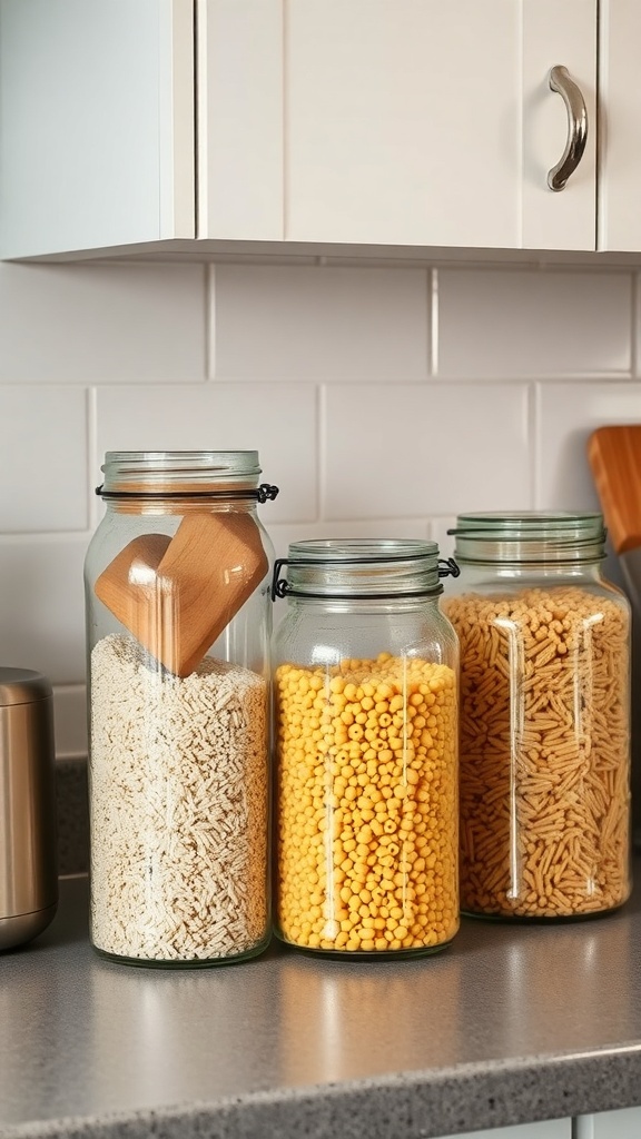 Three glass jars filled with various dry ingredients on a kitchen counter.