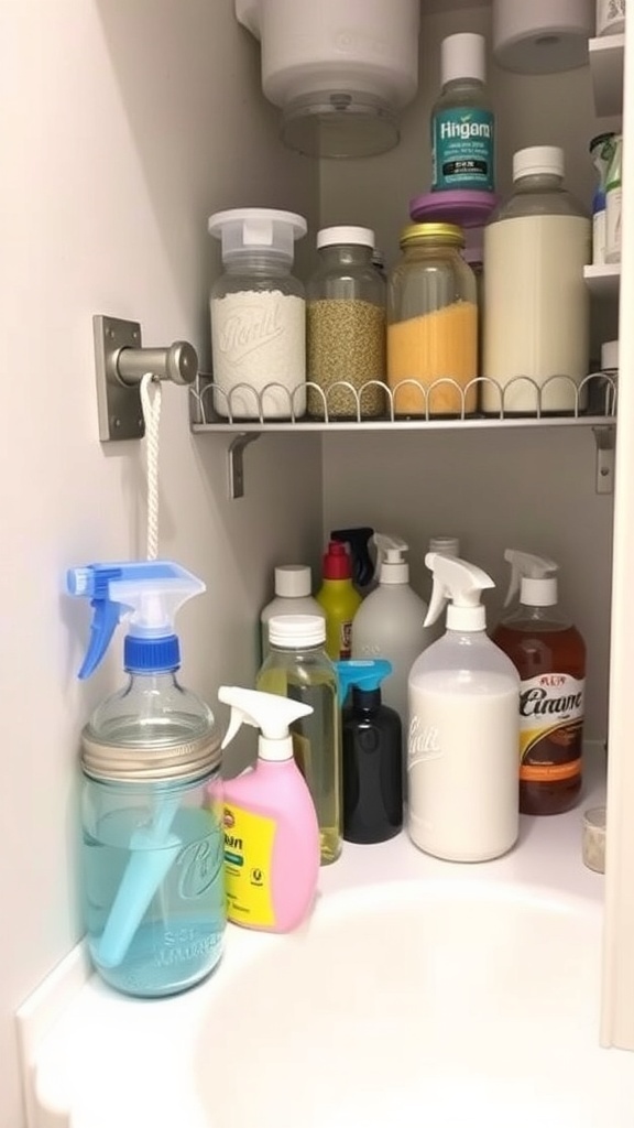 An organized under-sink area with various containers holding cleaning supplies.