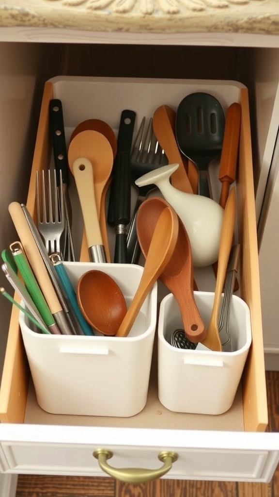 A well-organized kitchen drawer with utensils and repurposed containers.
