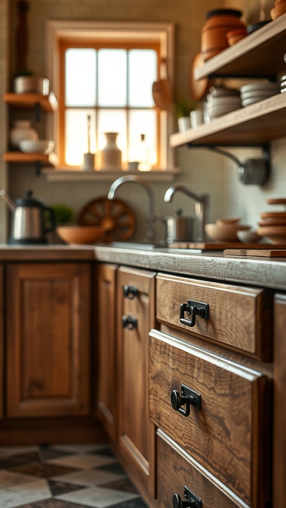 A cozy kitchen featuring wooden cabinets and vintage drawer handles.