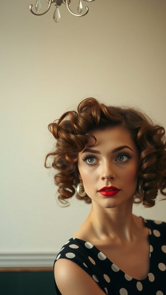 A woman with retro curly hairstyle, wearing a polka dot dress and bold red lipstick.