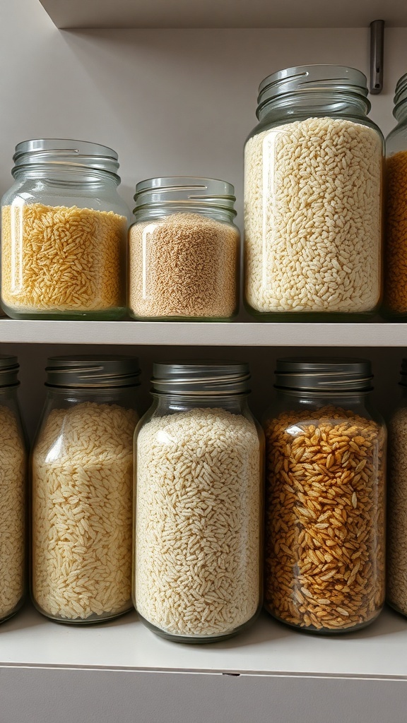 Jars of different rice varieties on a shelf