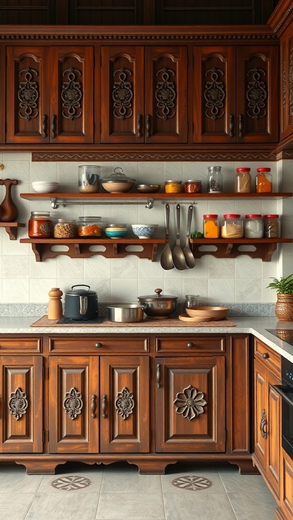 Traditional Indian kitchen with rich wooden cabinets featuring intricate carvings