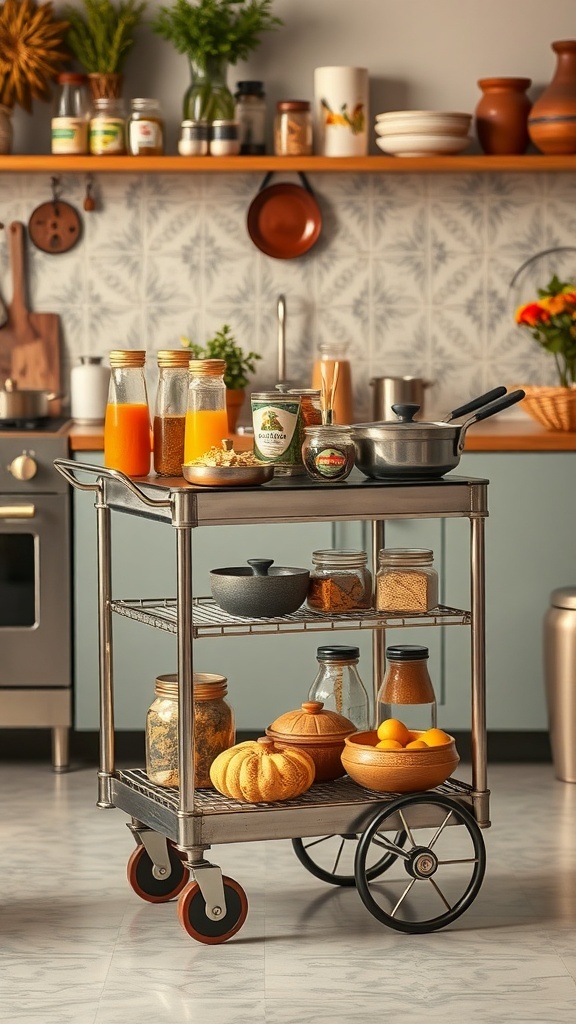 A stylish rolling cart filled with jars, spices, and cooking essentials in a modern kitchen.