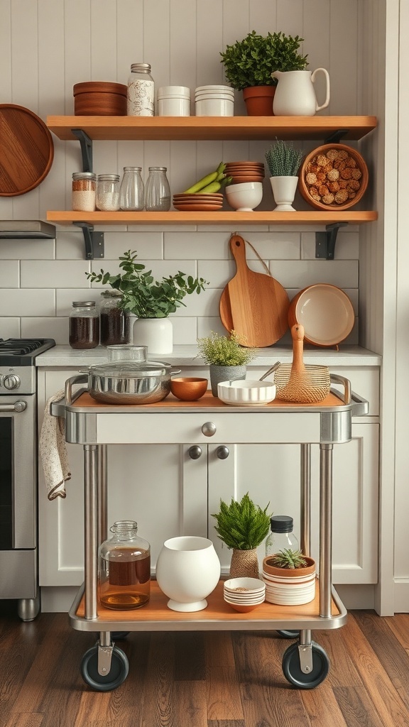 A stylish rolling cart in a small kitchen, holding various kitchen items and plants.