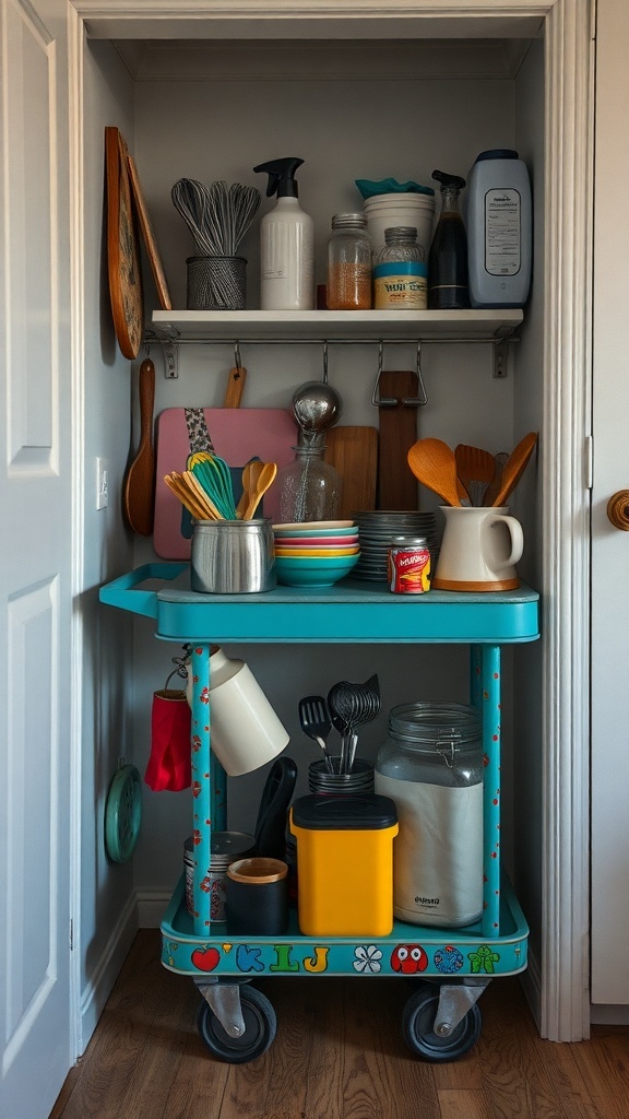 A colorful rolling cart filled with kitchen utensils and storage containers.