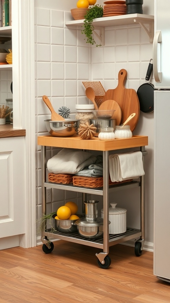 A rolling cart in a small kitchen with pots, pans, and towels.