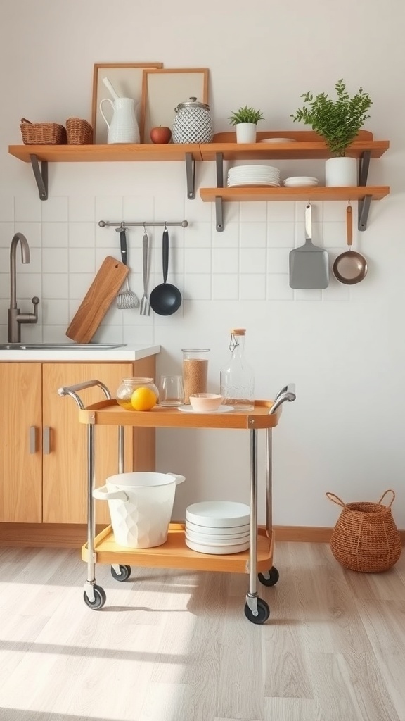 A wooden rolling cart with plates and a fruit on top, placed in a small kitchen with shelves.