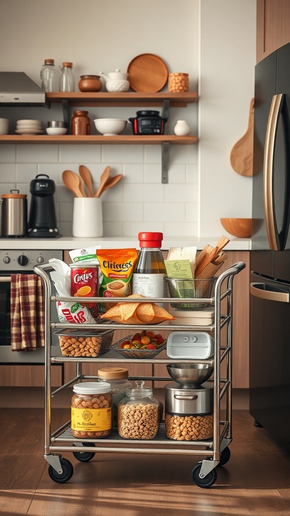 A rolling cart filled with snacks, utensils, and kitchen supplies in a modern kitchen.