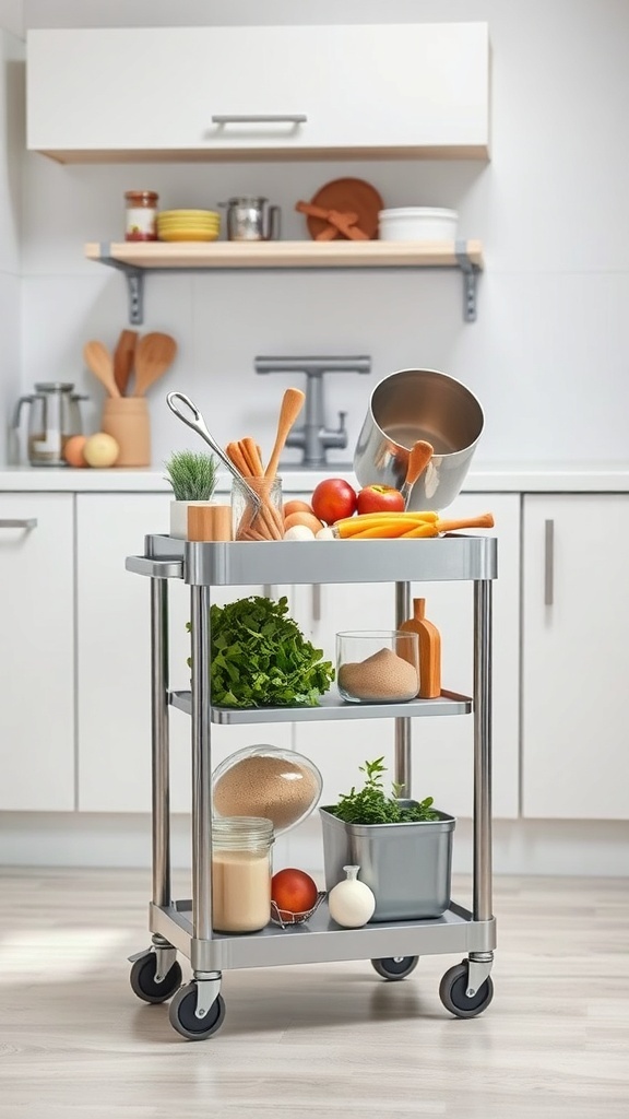 A rolling cart filled with fresh produce and kitchen tools in a modern kitchen.