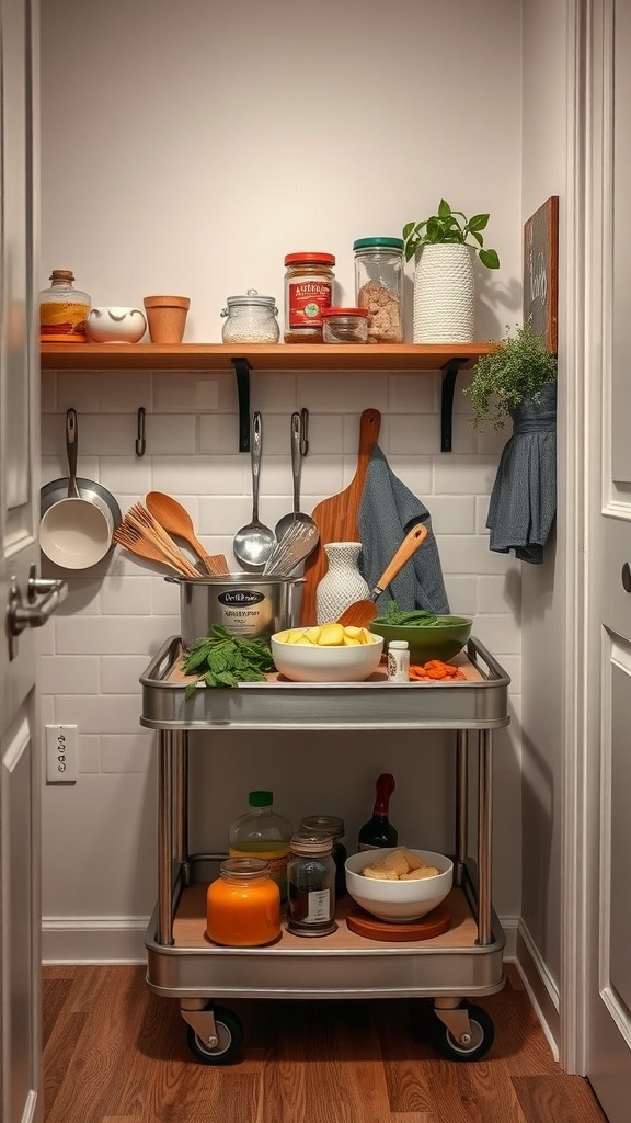 A rolling cart filled with kitchen items, including bowls, utensils, and jars, in a small kitchen space.