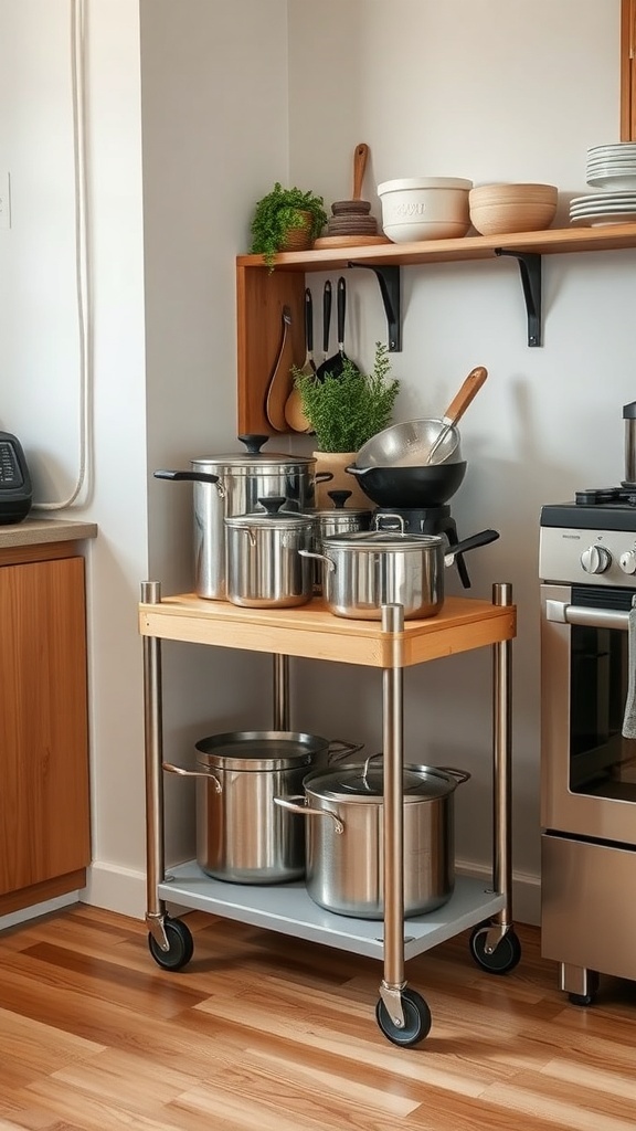A rolling cart in a kitchen with pots and pans on top and a clean design.