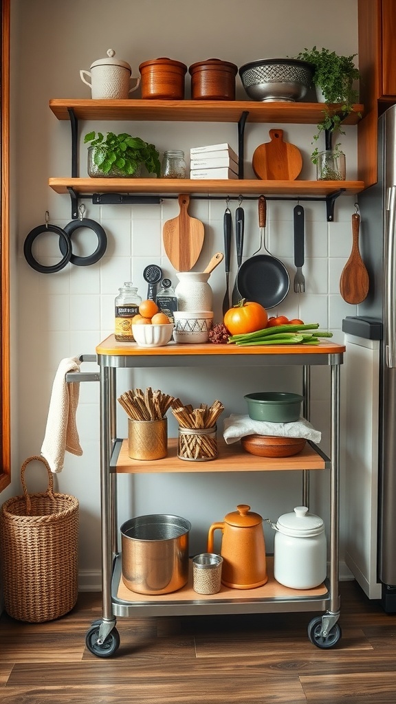 A stylish rolling cart with kitchen essentials, including pots, pans, and vegetables, set against a modern kitchen backdrop.