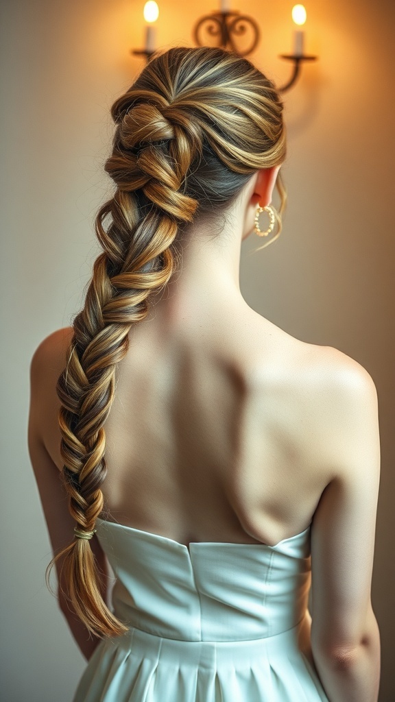 A woman with a romantic fishtail braid hairstyle, showcasing a blend of colors and a soft, elegant look.