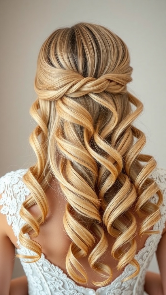 A woman with blonde curly hair styled in loose curls, featuring a twisted section at the top.