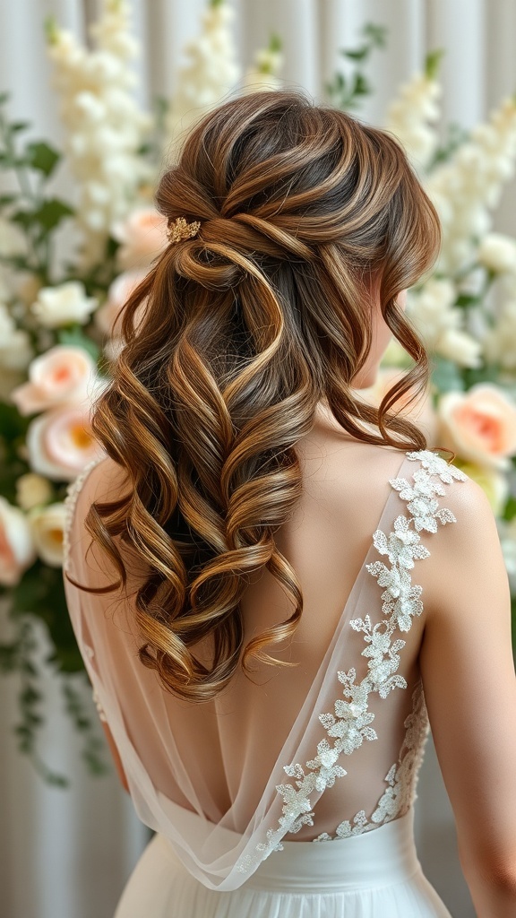 A woman with romantic loose curls styled in a half-updo, adorned with a delicate hair accessory, standing in front of floral arrangements.