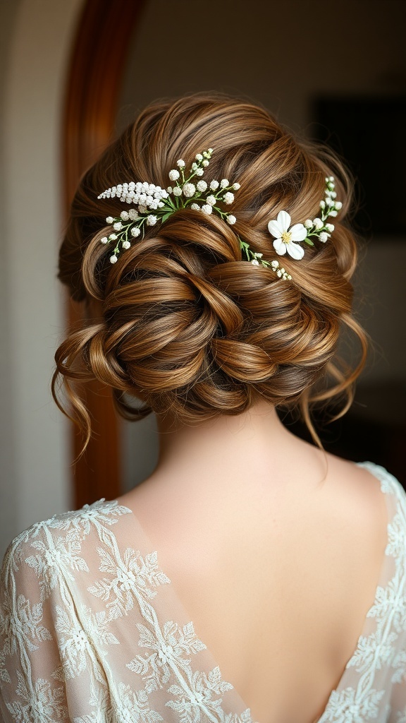 A romantic updo hairstyle featuring soft curls and floral accents.