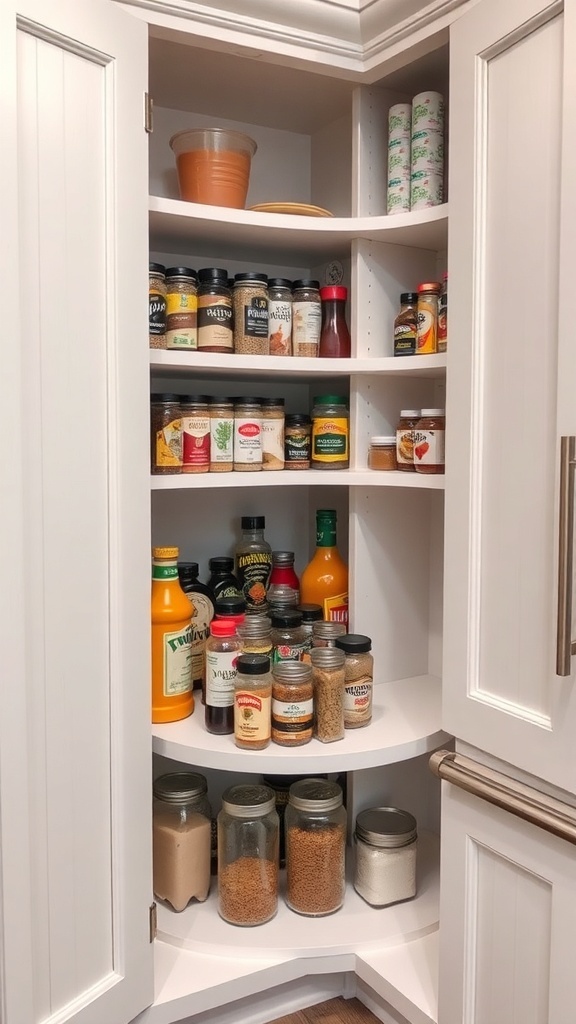 A well-organized corner kitchen cabinet featuring rotating lazy Susans filled with various spices and condiments.