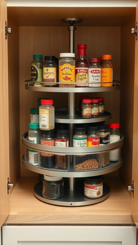 A rotating lazy Susan filled with various spice jars and sauces in a kitchen cabinet.