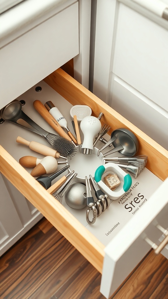 A kitchen drawer organized with various utensils and a rotating organizer.