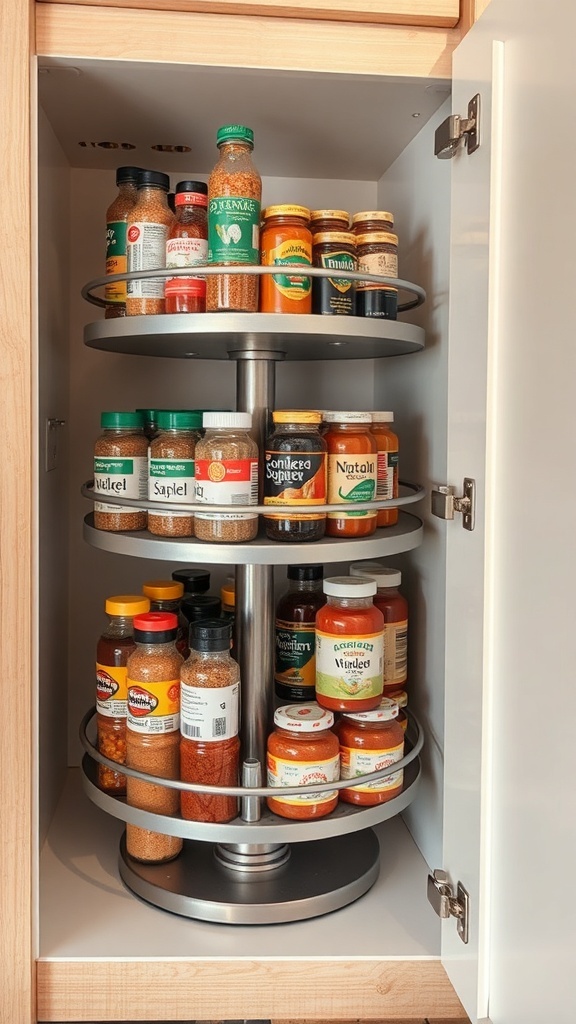 A rotating tiered shelf filled with various jars and spices in a kitchen cabinet.