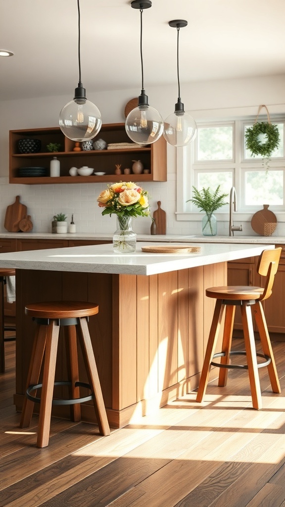 A rustic farmhouse kitchen featuring wooden bar stools, a large island, and hanging pendant lights.