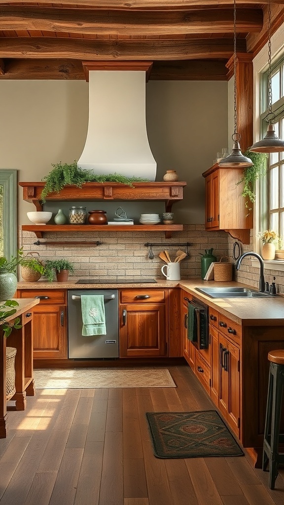 A rustic kitchen featuring brown wooden cabinets and sage green accents.