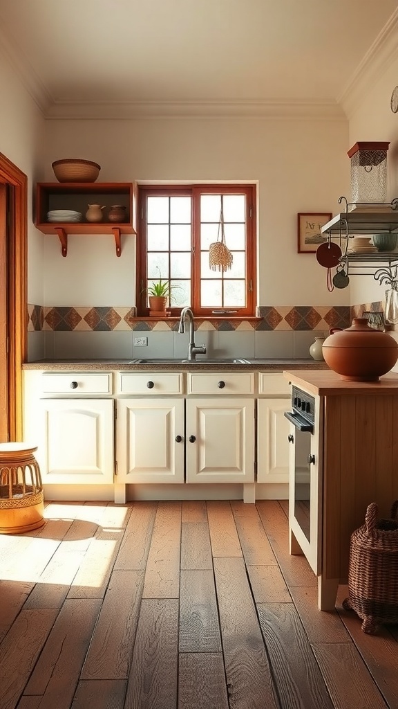 A simple Indian kitchen with rustic wooden flooring and natural light.