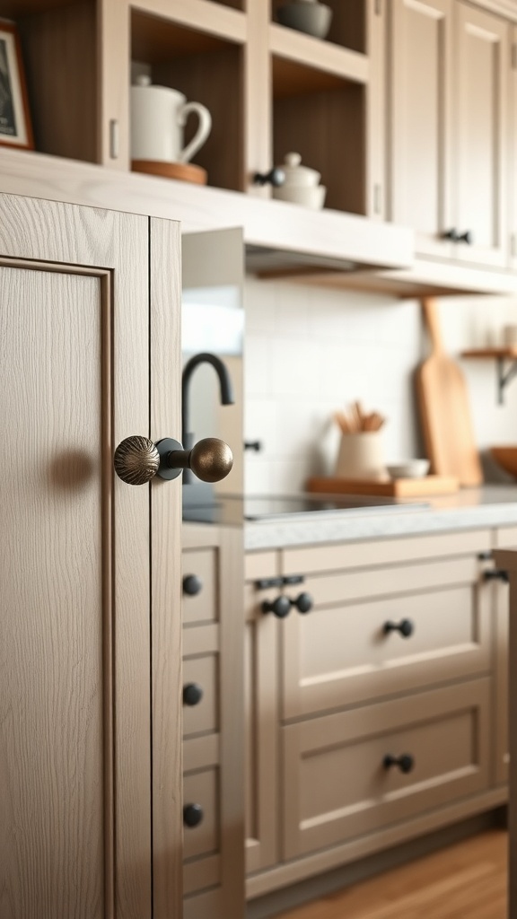 Close-up of modern kitchen cabinets with rustic hardware.
