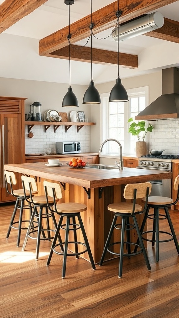 A modern rustic kitchen with a wooden island and bar stools.