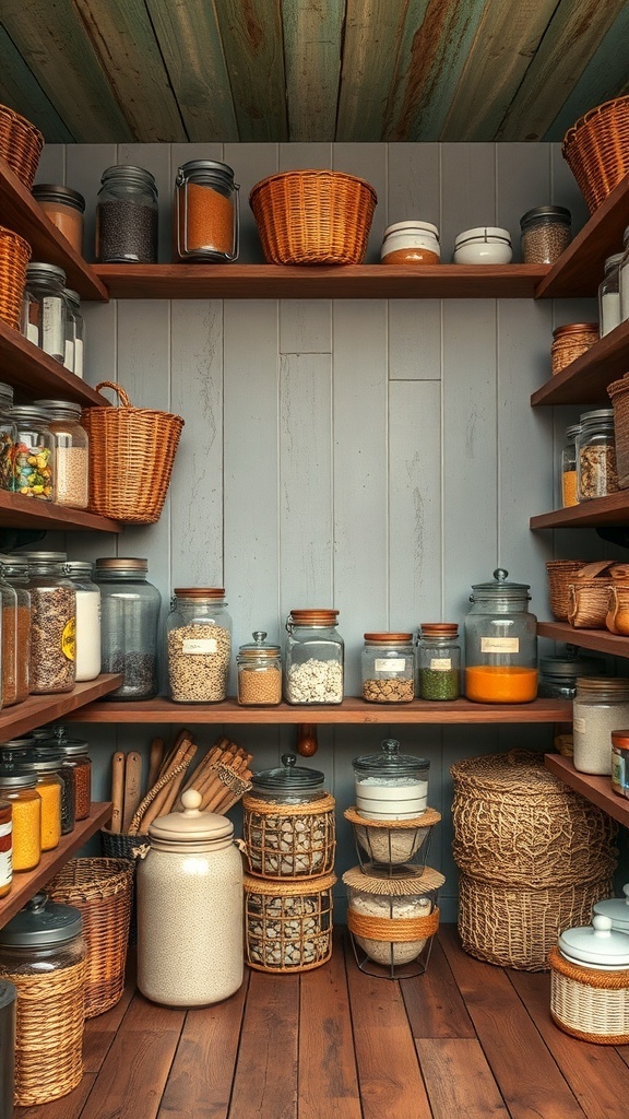 A rustic pantry with glass jars and wooden shelves filled with various ingredients.