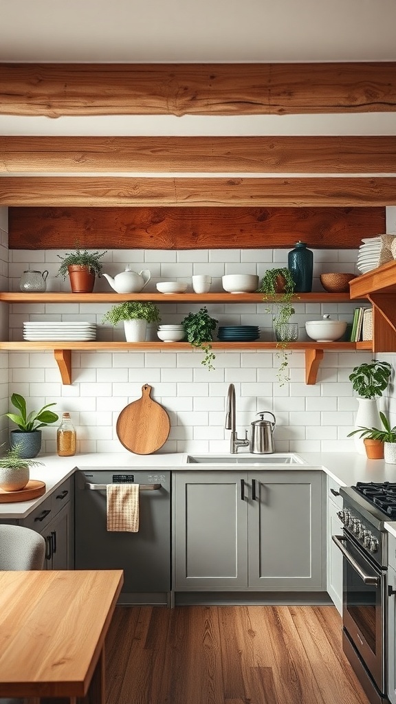 A cozy kitchen featuring rustic wooden beams and open shelving with plants and dishware.
