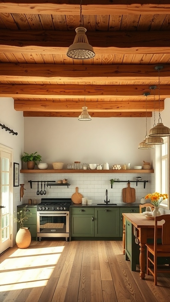 A contemporary farmhouse kitchen featuring rustic wooden beams.
