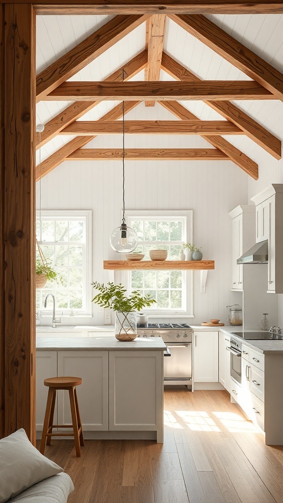 A bright white farmhouse kitchen featuring rustic wooden beams and modern appliances.