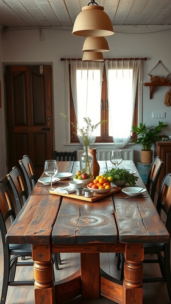 A rustic wooden dining table set with plates and glasses, surrounded by chairs in a cozy kitchen.