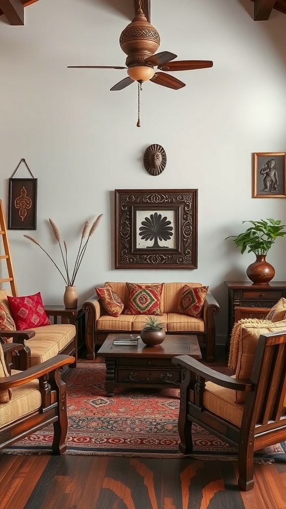 A cozy living room featuring rustic wooden furniture, warm tones, and decorative elements.