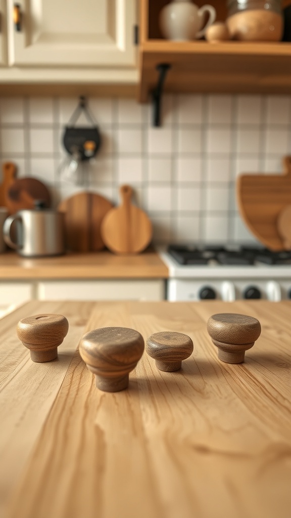 A variety of rustic wooden cabinet knobs on a wooden surface.