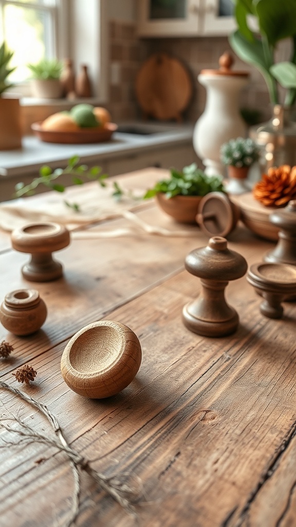 A collection of rustic wooden knobs on a wooden table with plants and kitchen items.