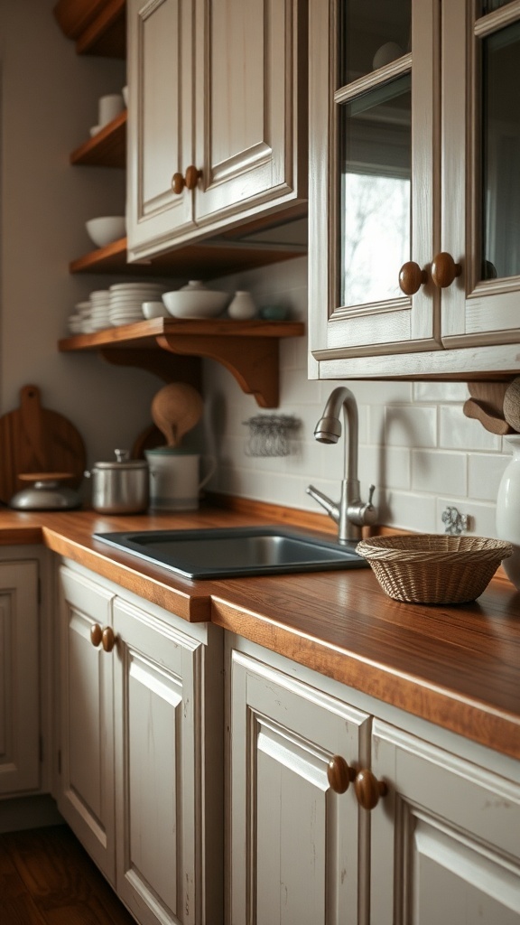 A kitchen with rustic wooden knobs on cabinets, showcasing a warm and cozy design.