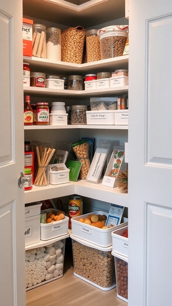 Organized corner kitchen pantry with labeled bins and jars