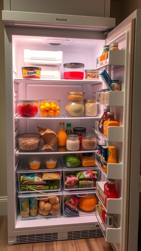 Organized small fridge with various food items and drinks