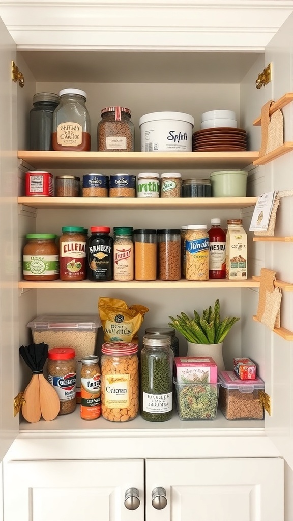 Organized kitchen cupboard with various jars and containers.