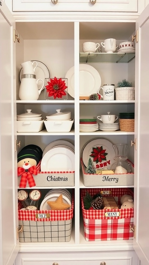Organized kitchen cabinet with seasonal items and decorations.