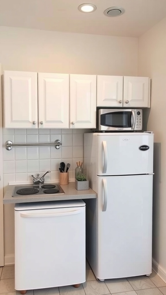 A small kitchen featuring compact appliances including a refrigerator, microwave, and stovetop.