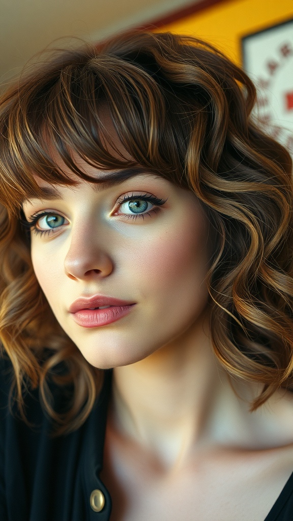 A close-up of a person with shaggy curly hair, showcasing layers and volume typical of 70s hairstyles.