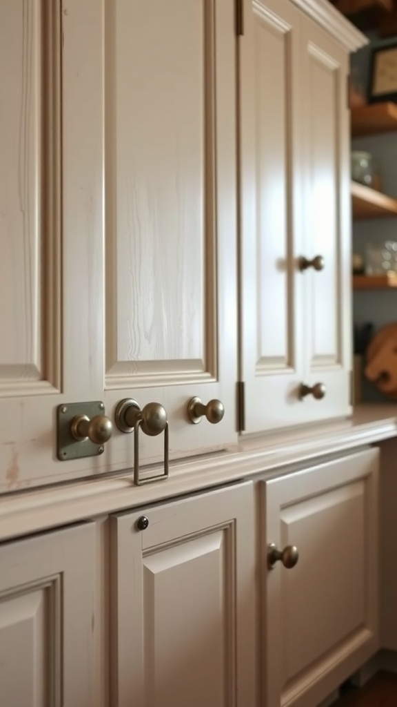Close-up of shaker cabinets with vintage hardware in a rustic farmhouse kitchen.